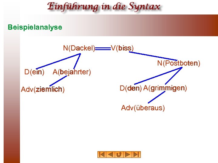 Beispielanalyse N(Dackel) Dackel V(biss) biss N(Postboten) Postboten D(ein) ein A(bejahrter) bejahrter ziemlich Adv(ziemlich) grimmigen