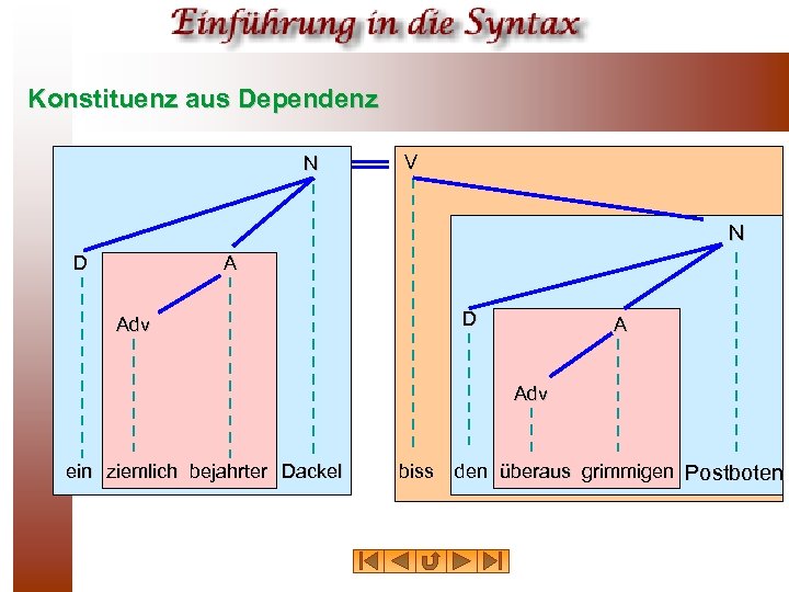 Konstituenz aus Dependenz N V N D Adv A Adv ein ziemlich bejahrter Dackel