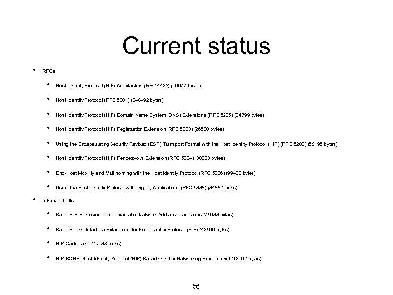 Current status • RFCs • • Host Identity Protocol (RFC 5201) (240492 bytes) •