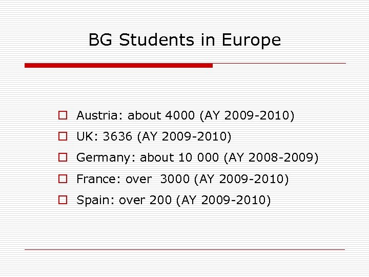 BG Students in Europe o Austria: about 4000 (AY 2009 -2010) o UK: 3636