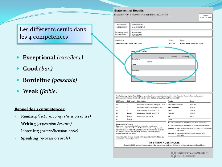 Les différents seuils dans les 4 compétences Exceptional (excellent) Good (bon) Bordeline (passable) Weak