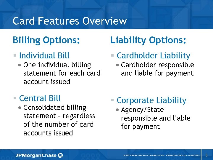 Card Features Overview Billing Options: Liability Options: § Individual Bill § Cardholder Liability §