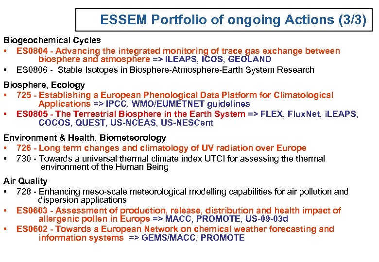 ESSEM Portfolio of ongoing Actions (3/3) Biogeochemical Cycles • ES 0804 - Advancing the