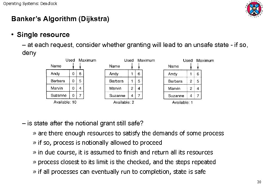 Operating Systems: Deadlock Banker’s Algorithm (Dijkstra) • Single resource – at each request, consider