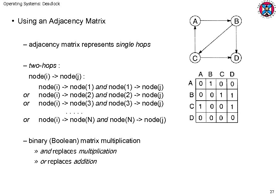 Operating Systems: Deadlock • Using an Adjacency Matrix – adjacency matrix represents single hops