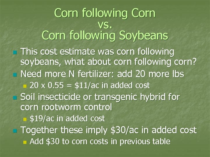 Corn following Corn vs. Corn following Soybeans n n This cost estimate was corn