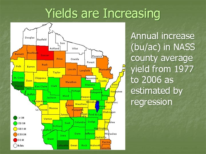 Yields are Increasing Annual increase (bu/ac) in NASS county average yield from 1977 to