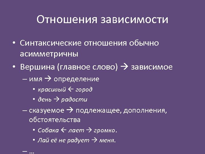 Отношения зависимости • Синтаксические отношения обычно асимметричны • Вершина (главное слово) зависимое – имя
