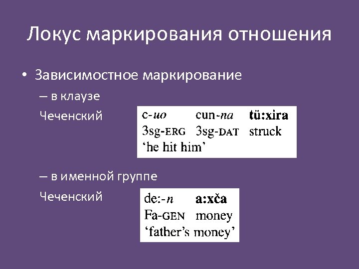 Локус маркирования отношения • Зависимостное маркирование – в клаузе Чеченский – в именной группе