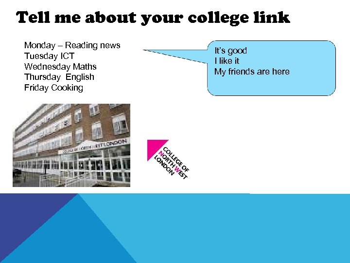 Tell me about your college link Monday – Reading news Tuesday ICT Wednesday Maths