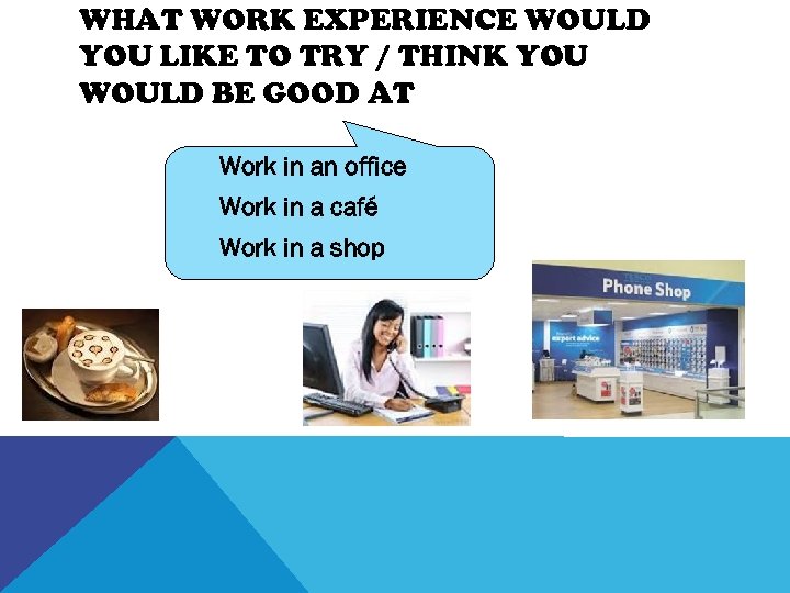 WHAT WORK EXPERIENCE WOULD YOU LIKE TO TRY / THINK YOU WOULD BE GOOD