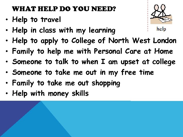  • • WHAT HELP DO YOU NEED? Help to travel Help in class