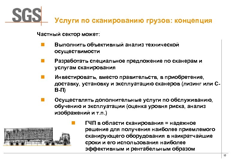 Услуги по сканированию грузов: концепция Частный сектор может: n Выполнить объективный анализ технической осуществимости