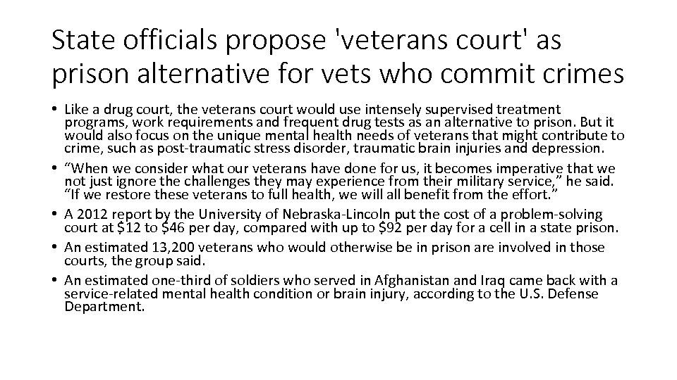 State officials propose 'veterans court' as prison alternative for vets who commit crimes •