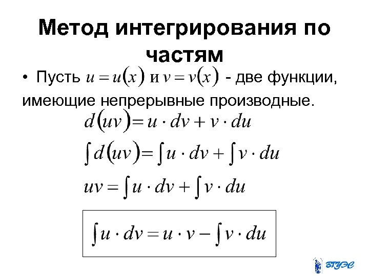 Метод интегрирования по частям • Пусть - две функции, имеющие непрерывные производные. 