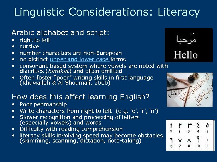 Linguistic Considerations: Literacy Arabic alphabet and script: • • • right to left cursive
