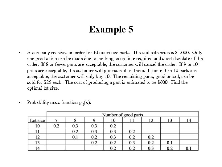 Example 5 • A company receives an order for 10 machined parts. The unit