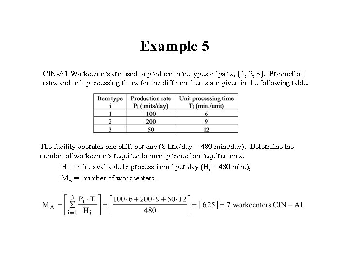 Example 5 CIN-A 1 Workcenters are used to produce three types of parts, {1,