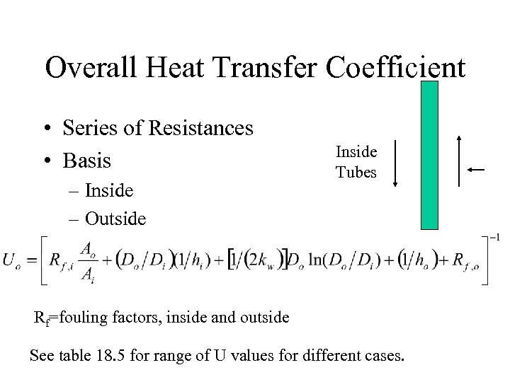 Overall Heat Transfer Coefficient • Series of Resistances • Basis – Inside – Outside