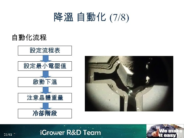 降溫 自動化 (7/8) 自動化流程 設定流程表 設定最小電壓值 啟動下溫 注意晶體重量 冷卻階段 21/43 21/41 