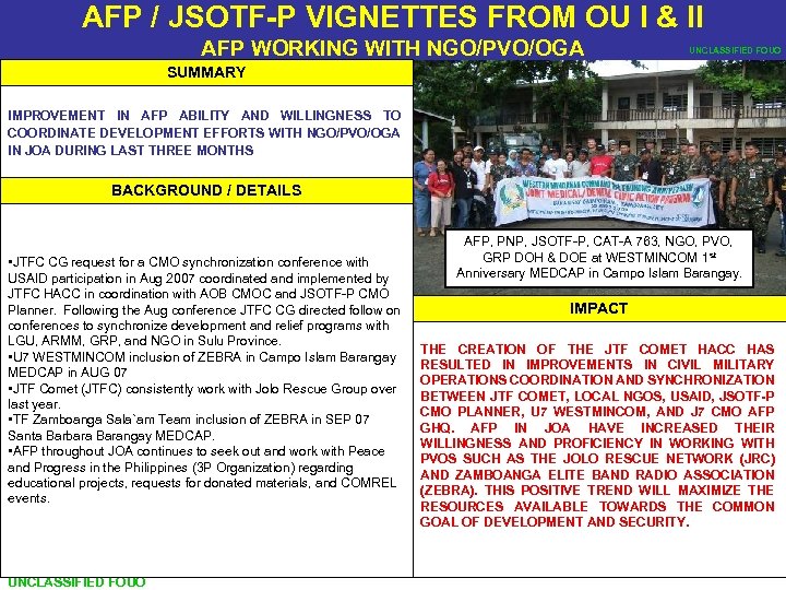 AFP / JSOTF-P VIGNETTES FROM OU I & II AFP WORKING WITH NGO/PVO/OGA UNCLASSIFIED
