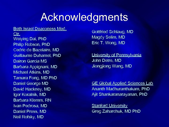 Acknowledgments Beth Israel Deaconess Med. Ctr. Weiying Dai, Ph. D Philip Robson, Ph. D