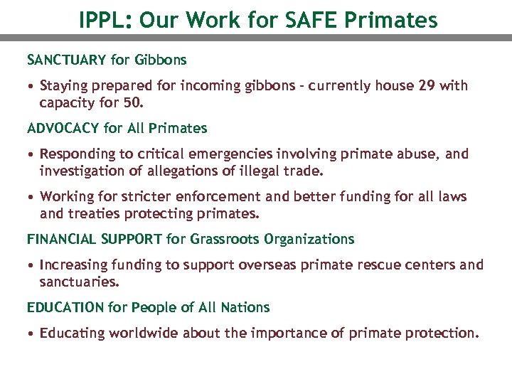 IPPL: Our Work for SAFE Primates SANCTUARY for Gibbons • Staying prepared for incoming