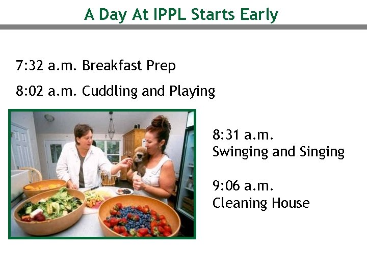 A Day At IPPL Starts Early 7: 32 a. m. Breakfast Prep 8: 02