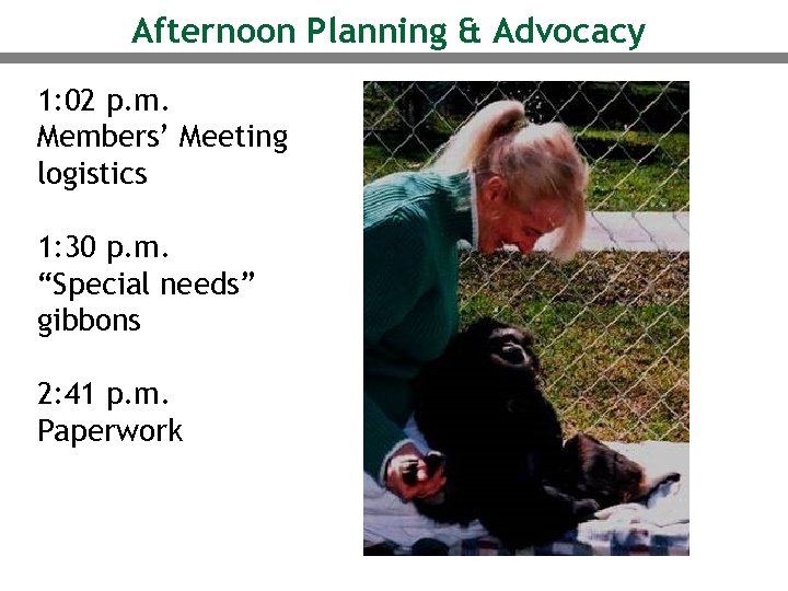 Afternoon Planning & Advocacy 1: 02 p. m. Members’ Meeting logistics 1: 30 p.