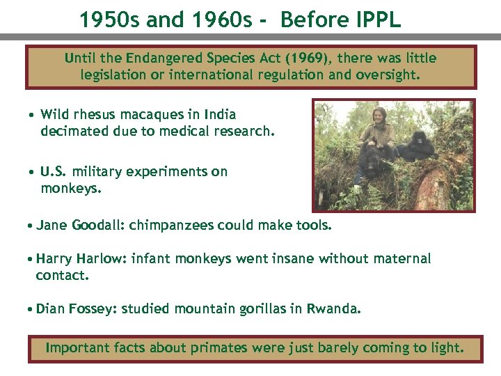 1950 s and 1960 s - Before IPPL Until the Endangered Species Act (1969),