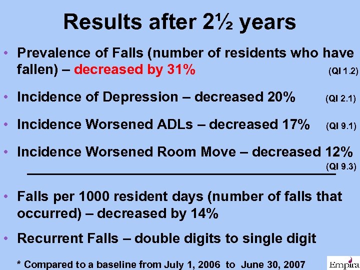 Results after 2½ years • Prevalence of Falls (number of residents who have fallen)