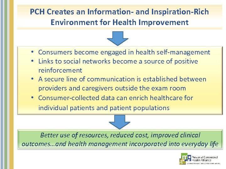 PCH Creates an Information- and Inspiration-Rich Environment for Health Improvement • Consumers become engaged