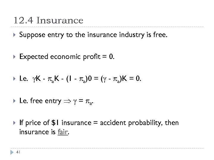 12. 4 Insurance Suppose entry to the insurance industry is free. Expected economic profit