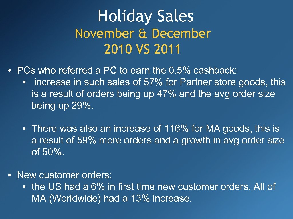 Holiday Sales November & December 2010 VS 2011 • PCs who referred a PC