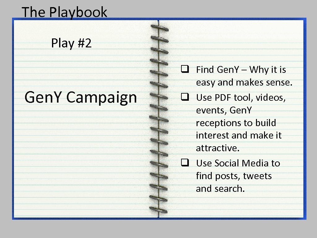 The Playbook Play #2 Gen. Y Campaign q Find Gen. Y – Why it