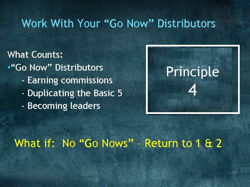 Work With Your “Go Now” Distributors What Counts: • “Go Now” Distributors - Earning