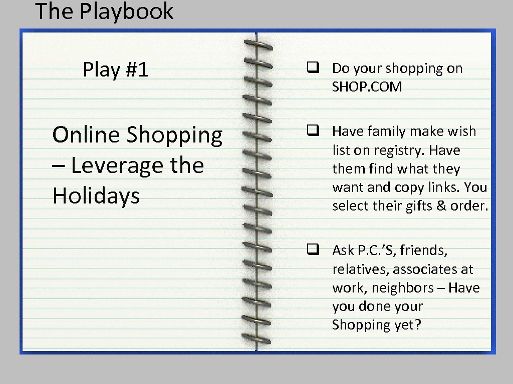 The Playbook Play #1 Online Shopping – Leverage the Holidays q Do your shopping