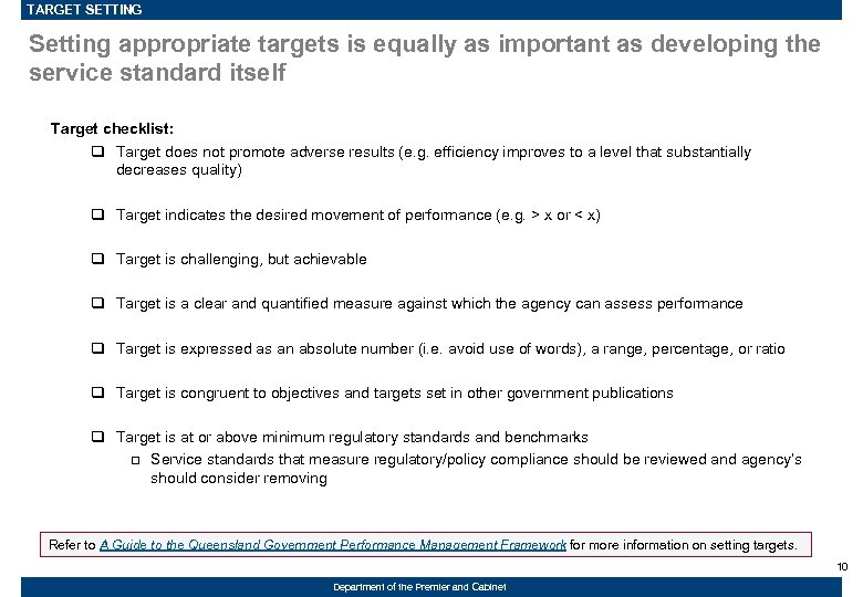 TARGET SETTING Setting appropriate targets is equally as important as developing the service standard