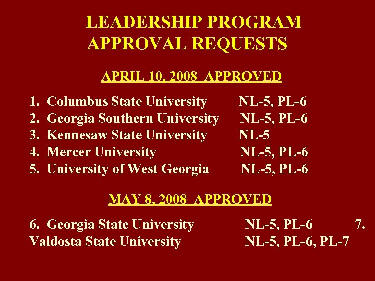 LEADERSHIP PROGRAM APPROVAL REQUESTS APRIL 10, 2008 APPROVED 1. 2. 3. 4. 5. Columbus