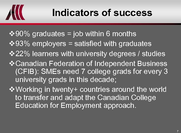 Indicators of success v 90% graduates = job within 6 months v 93% employers