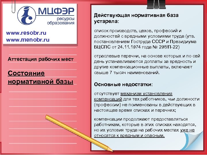 Действующая нормативная база устарела: www. resobr. ru www. menobr. ru Аттестация рабочих мест Состояние