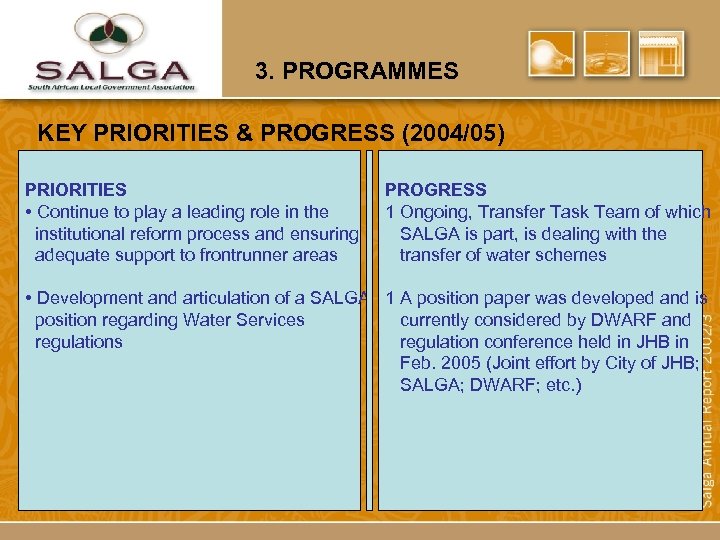 3. PROGRAMMES KEY PRIORITIES & PROGRESS (2004/05) PRIORITIES • Continue to play a leading