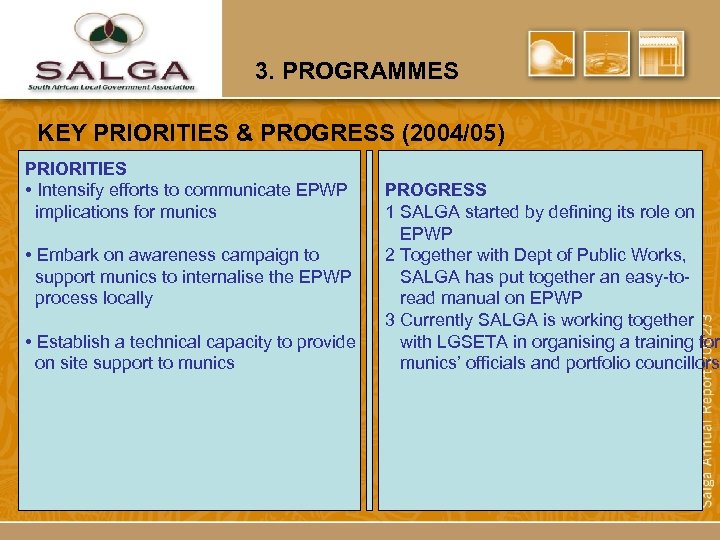 3. PROGRAMMES KEY PRIORITIES & PROGRESS (2004/05) PRIORITIES • Intensify efforts to communicate EPWP