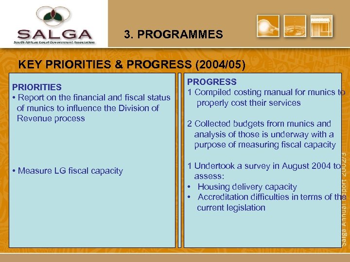 3. PROGRAMMES KEY PRIORITIES & PROGRESS (2004/05) PRIORITIES • Report on the financial and