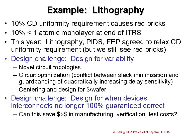 Example: Lithography • 10% CD uniformity requirement causes red bricks • 10% < 1