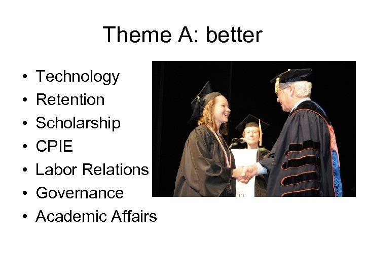 Theme A: better • • Technology Retention Scholarship CPIE Labor Relations Governance Academic Affairs