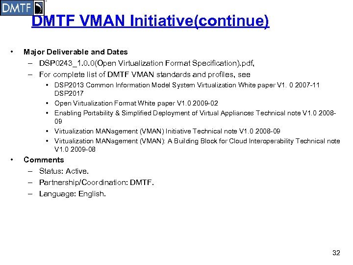 DMTF VMAN Initiative(continue) • Major Deliverable and Dates – DSP 0243_1. 0. 0(Open Virtualization