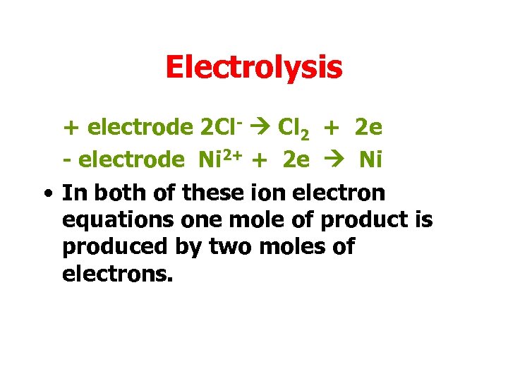 Electrolysis + electrode 2 Cl- Cl 2 + 2 e - electrode Ni 2+