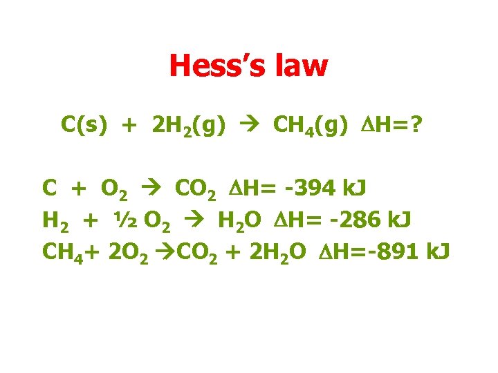 Hess’s law C(s) + 2 H 2(g) CH 4(g) DH=? C + O 2