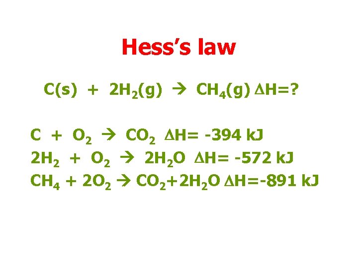 Hess’s law C(s) + 2 H 2(g) CH 4(g) DH=? C + O 2